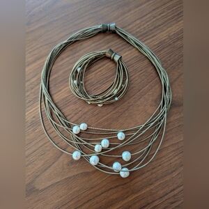 Chic Multi-Strand Bronze Piano Wire And Pearls Necklace and Bracelet Set